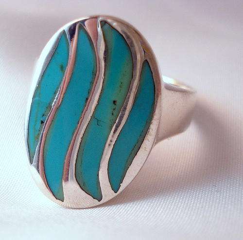 UNIQUE TURQUOISE INLAY 925 STERLING SILVER RING size 7