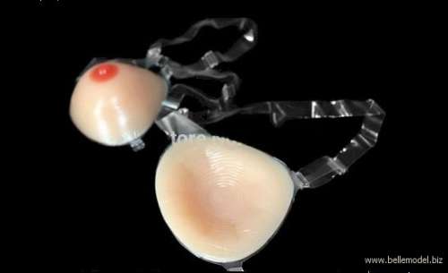 Silicone breast forms - with    straps, asymmetrical, pink, E cup, 1200 grams, type 1