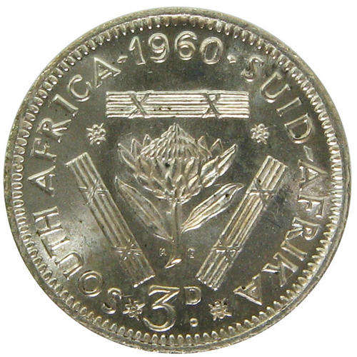 South Africa Three Pence 1960 A/UNC 500 Silver 1.4gr. Rare Date.