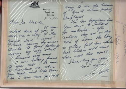 Two ALS by Tini Vorster tipped into W.J. Le Roux's GROOTE SCHUUR.