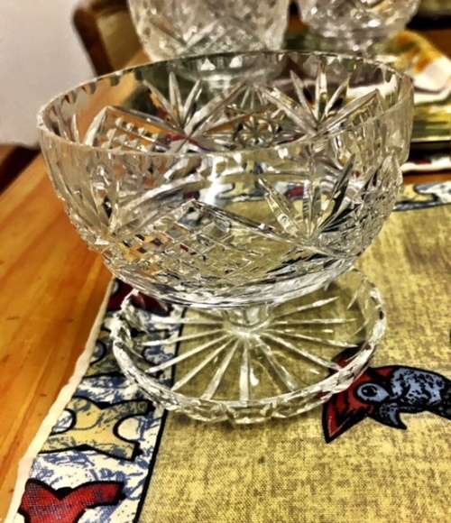 Rose Cut Crystal Cut Glass Footed Dessert Bowls x 6