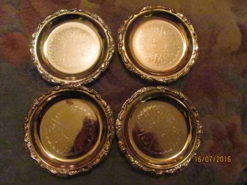 GILT PLATED !! Set of 4 Ornate Gold Tone Bottle Coasters !!