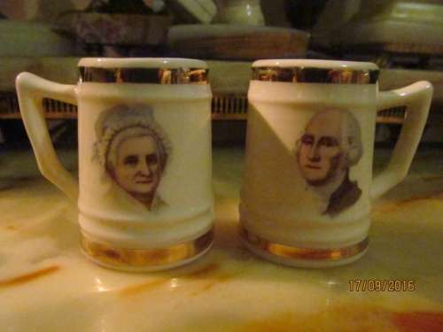 WASHINGTON PAIR!! Vintage Porcelain George + Martha Washington Miniature Steins with 22kt Gold Trim