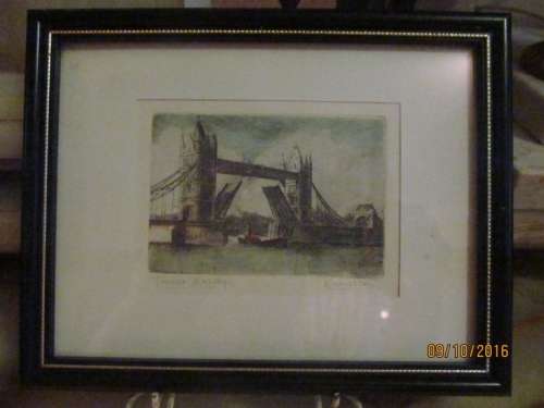 TOWER BRIDGE!! Framed Etching Colored by Hand - Vintage