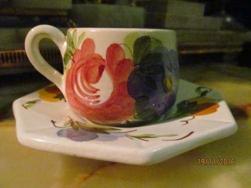 ESPRESSO DUO!! Ceramic Octagon Shape Saucer with Cup - Hand Painted Collectable