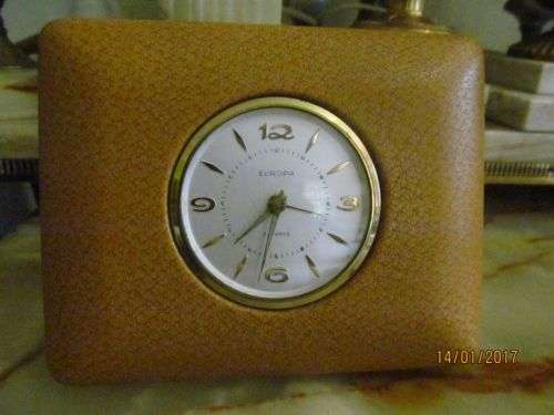 ONE MORE TIME !! Vintage Europa Travel Clock in Lid of Leatherette Case - 2 Jewels