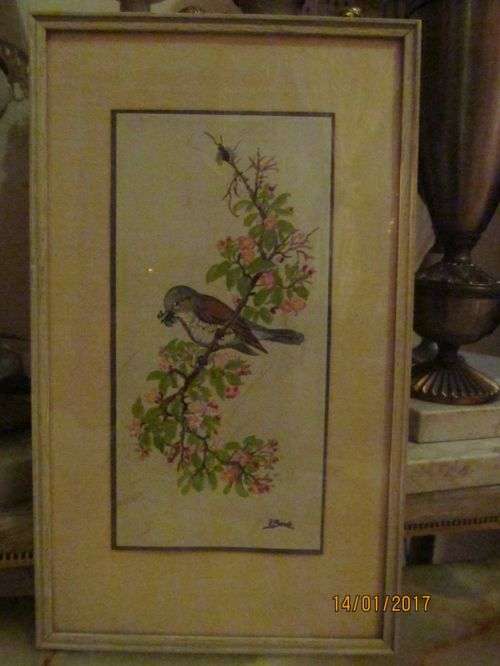 APPLE BLOSSOMS !! Vintage Watercolor - Abstract Art of a Bird Perched on a Apple Blossom Branch