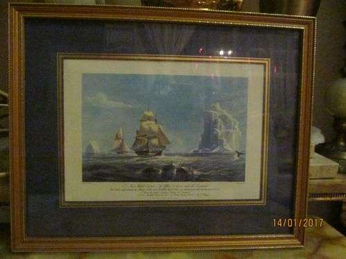 MARITIME ENGRAVING #1 !! Vintage Framed Engraving by E.DUNCAN of Brig.Jane + Cutter Beaufoy - RARE
