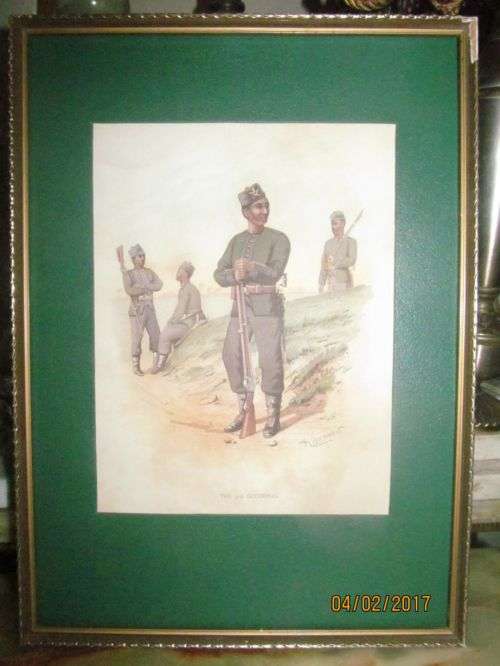 H BUNNETT 1845 - 1910 !! Framed Vintage Print of The 3rd Goorkhas - Signed