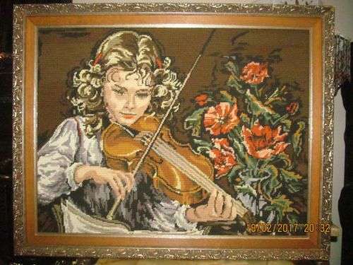 ODE TO MUSIC !! Framed Vintage Embroidery of Young Girl Playing the Violin