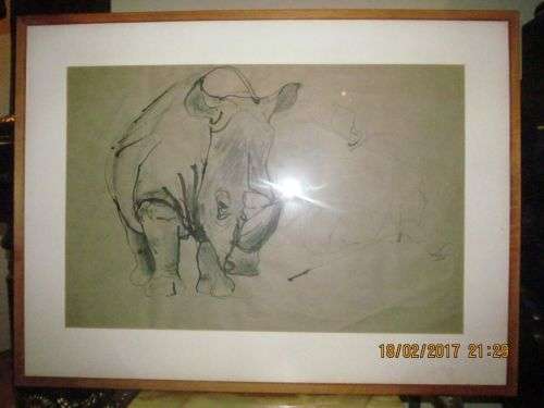 I WAS LEGEND !! Framed Vintage Sketch - RHINO by Artist Judith Thurston