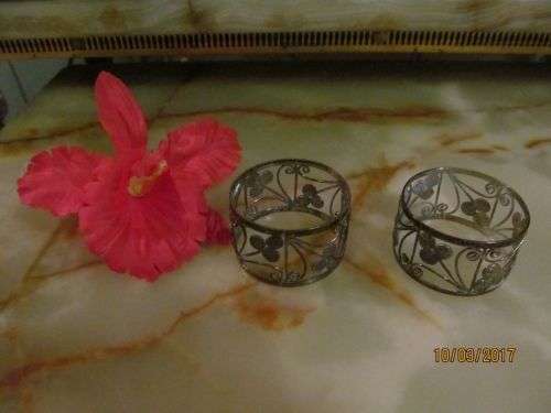 FLORAL TWINS !! Pair of Vintage Silver Plated Napkin Rings - Pierced Metal Floral