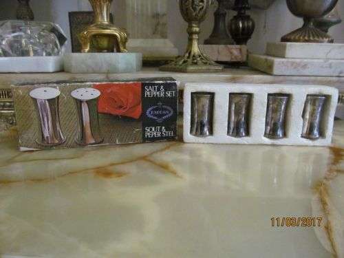 TABLE OF PLENTY !! Boxed Set of Four Vintage Silver Plated EMESS Salt & Pepper Shakers