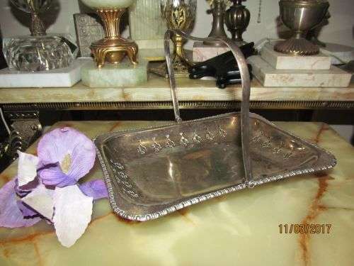 HEARTS TO SPADES !! Vintage Silver Plated Footed Basket/Dish with Swing Handle - Pierced Metal