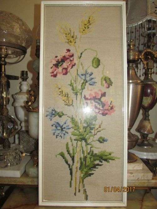 CROSS STITCH !! Framed Vintage Embroidery - Poppies with Cornflower - Medium Cross Stitch