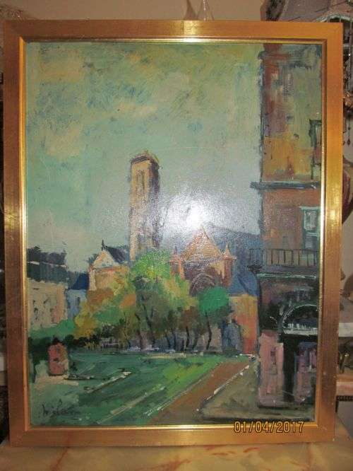 FRENCH IMPRESSIONISM !! Framed Cityscape Art - Oil on Board of Eglise de Saint Medard - Signed