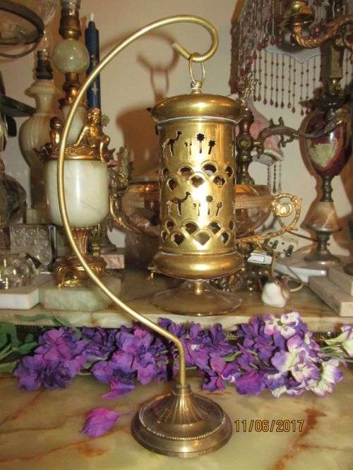 CAMEL LITE !! Vintage Pierced Cylindrical Brass Candle Holder with Brass Stand - Camels+Palms