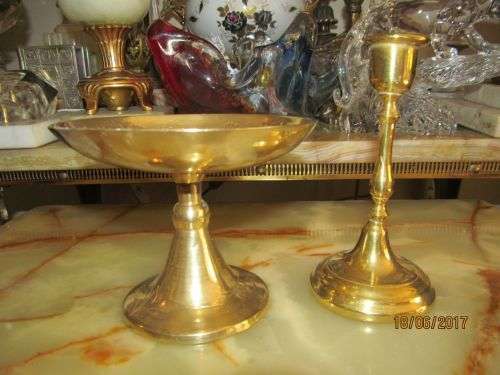 ELEGANCE ON DISPLAY !! Lot of Two Vintage Hand Wrought Brass Items - Candlestick & Pedestal Dish