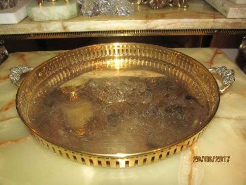 A FLORAL TOUCH !! Vintage Brass Gallery Tray with Hand Etched Floral Patterns & Ornate Handles