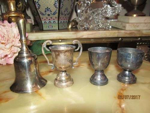 TABLE BELL & FRIENDS !! Lot of Four Silver Plated Items- Table Bell, Trophy and Shot Glasses