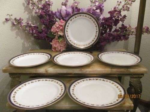 KEELING & Co !! Vintage 1912 - 1936 Losol Ware Burslem Porcelain Dinner Plates - 6 Cobalt & Gold