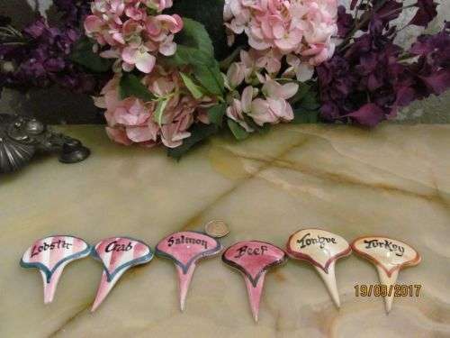 PORCELAIN BUFFET !! Set of Six Vintage Porcelain Buffet Name Markers - Hand Made