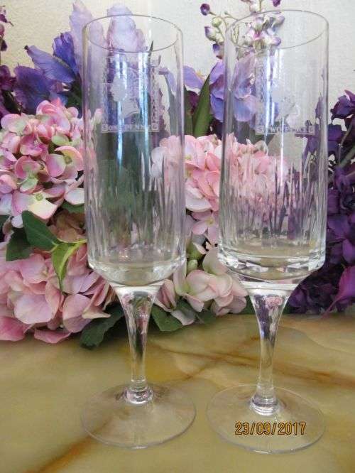 1 PENNY,2 PENCE !! Vintage Pair of Cut Crystal Champagne Flutes each with Etched Postage Stamp Image