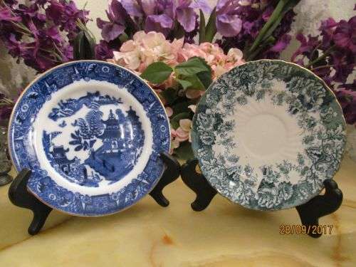 ROYAL CROWN !! Lot of Two Antique Fine Porcelain Saucers / Dishes - Royal Worcester & Crown