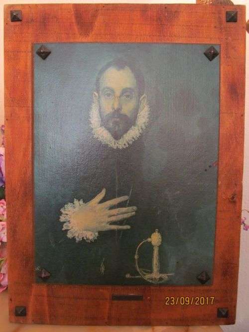 EL GRECO !! Antique Framed Reproduction on Board - Nobleman with Hand on Chest