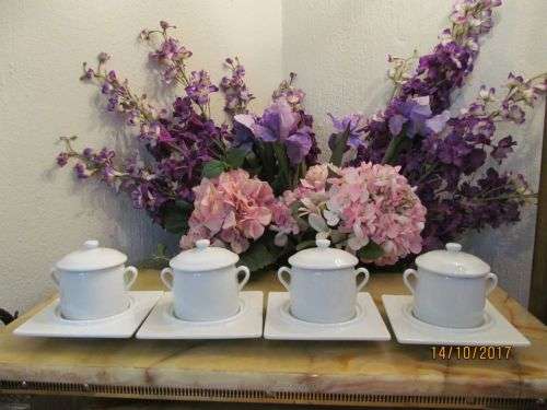 FRENCH APILCO !! Vintage Set of Four French Designer Porcelain Pots de Creme with Stands