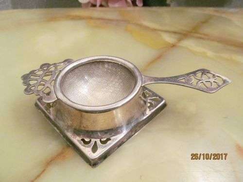 LONG LONG AGO !! Antique Silver Plated Tea Strainer and Stand - Pierced Metal