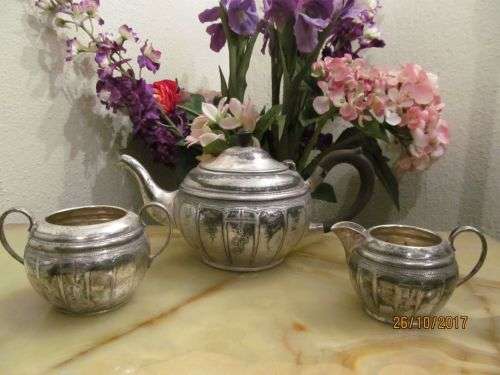 BRITANNIUM !! Antique 1890's Electroplated Britannia Metal Three Piece Tea Set - Rare