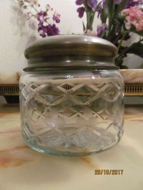A CUT ABOVE !! Vintage Cut Crystal Jam Jar with Bronze Lid - Floral & Diamond