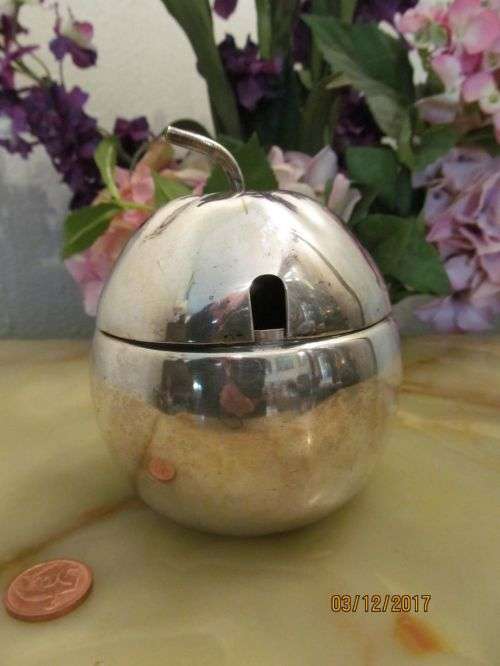 AN APPLE A DAY !! Vintage 1960's Silver Plate on Brass Apple Sugar Bowl/Jam Jar - Milk Glass Liner