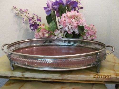 FORMICA !! Large Vintage Oval Gallery Tray with Formica Faux Wood and Reticulated Pierced Metal