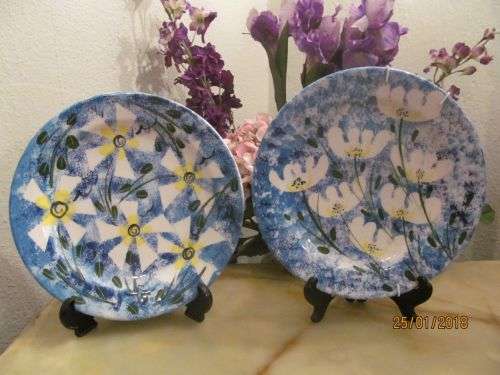 FIELDS OF BLUE !! Set of 2 Handpainted Decorative Ceramic Designer Studio Plates - Blue/White/Yellow