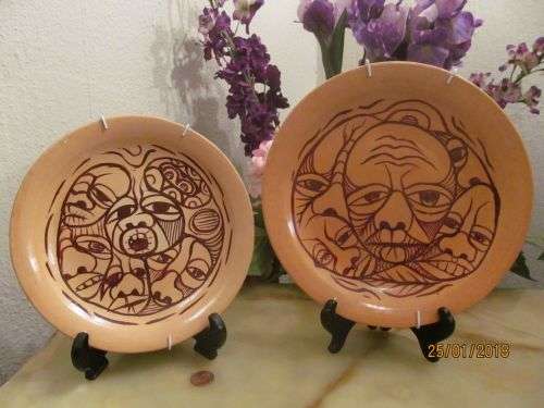 MAHOMED !! Pair of Modern Art Hand Painted Ceramic Decorative Plates - Signed