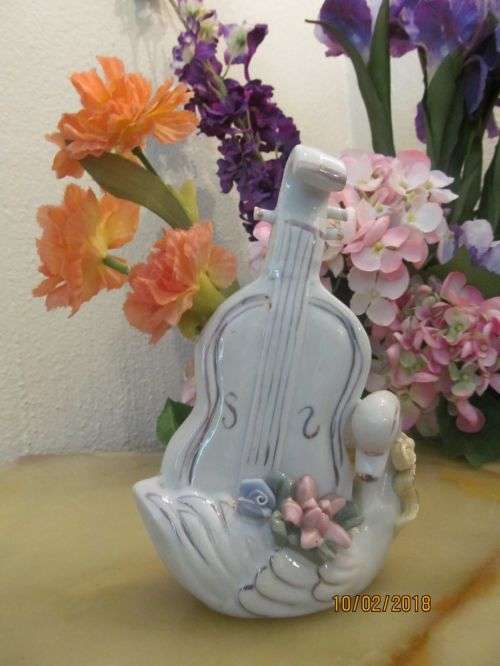 SWAN LAKE !! Vintage Fine Porcelain Continental European Swan & Cello Figurine Bud Vase