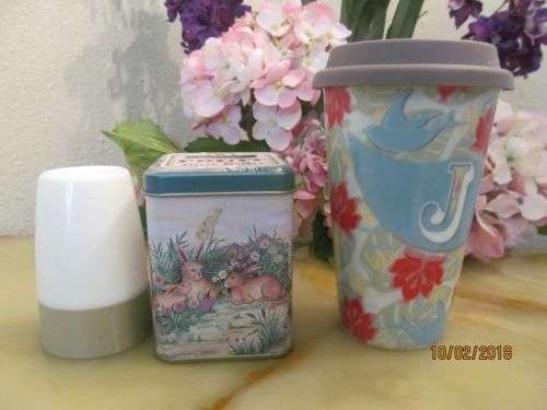 ODDITIES !! Lot of Three Items - Contemporary Porcelain Mug, Melamine Egg Cup & Vintage Tin