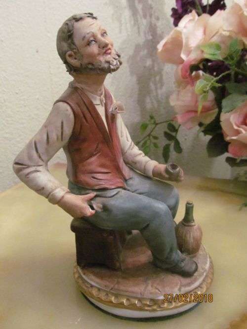 DISTANT REFLECTIONS !! Vintage Continental European Bisque Porcelain Statue - Seated Elderly Man
