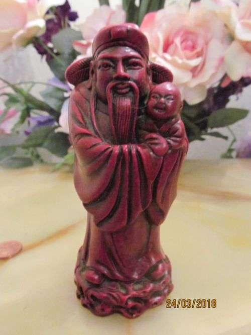 FU SHEN !! Vintage Solid Red Resin Chinese Figurine of Fuk (Fu Shen) Wise Man / Happiness
