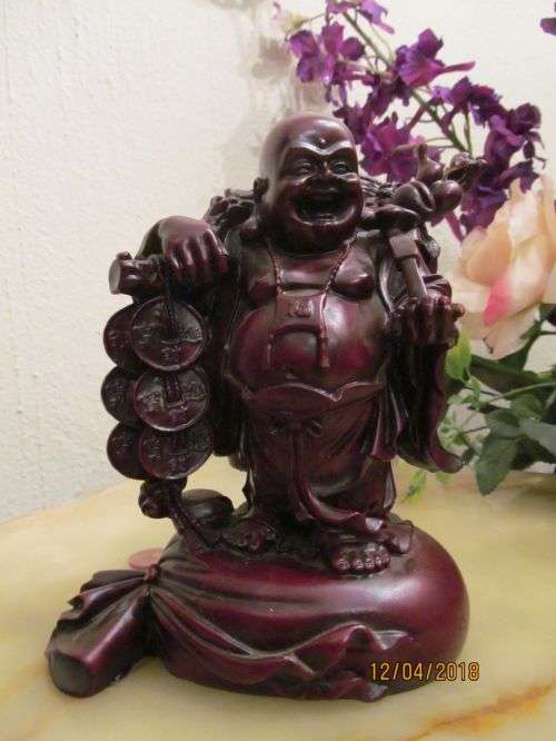 ALOFT !! Vintage Carved Red Resin Buddha Figure - Happy Laughing Endless Wealth Buddha