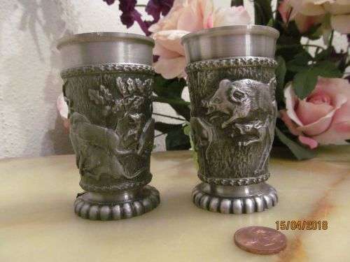 FRIELING SKS !! Lot of Two Identical Vintage SKS Design German Frieling Pewter Shooters Cups