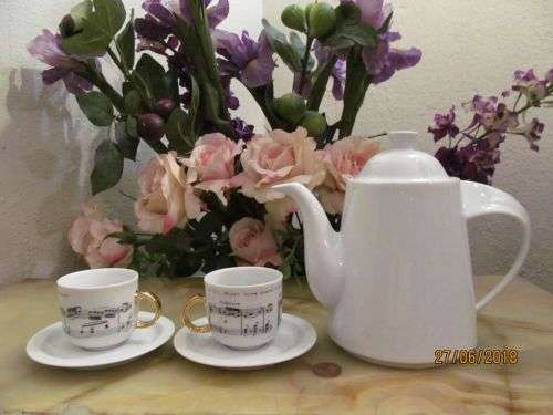 CLARA !! Contemporary White Art Deco Fine Porcelain Lot - 2 Demitasse Duos & Teapot