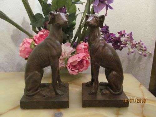 WHIPPETS !! Vintage Pair of Ceramic Bronzed Finish Greyhound Whippet Statues/Bookends