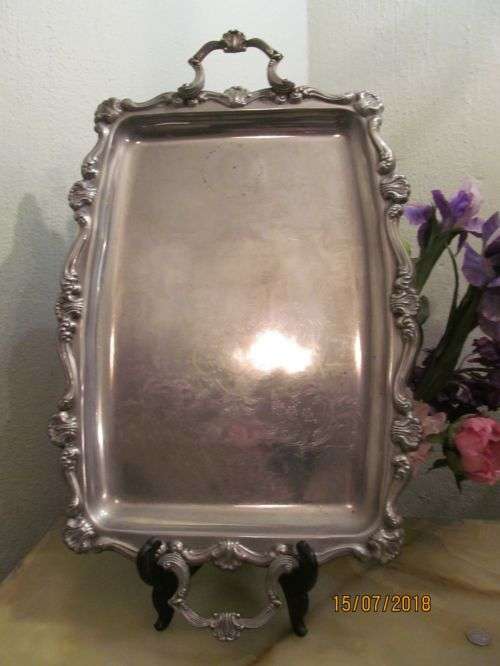 VICTORIAN PLUMES !! Vintage Silver Plated Victorian Style Rectangular Serving Tray - Etched Patterns