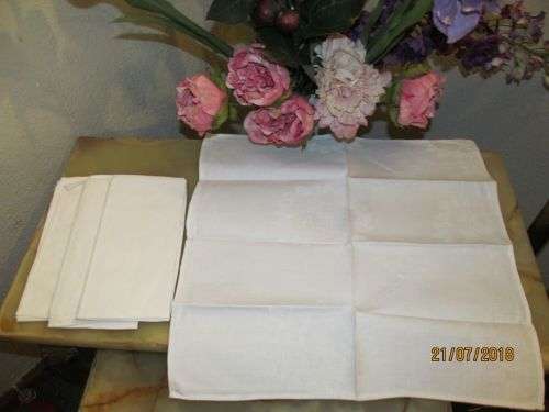 JACQUARD WHITE !! Vintage Lot of Two Sets of Linen Serviettes with Fine White Jacquard Patterning