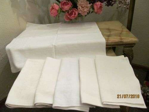JACQUARD WHITE !! Vintage Lot of Two Sets of Linen Serviettes with Fine White Jacquard Patterning