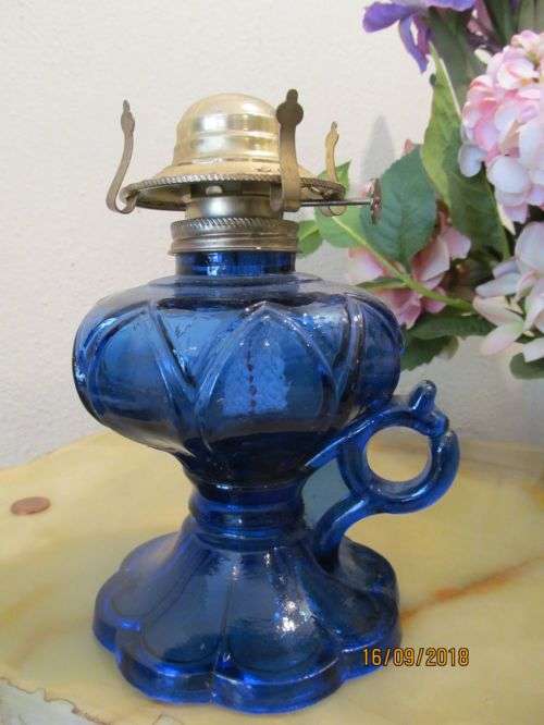ZAFFRE BLUE !! Vintage Art Glass Hurricane / Oil Lamp - No Chimney but Unused