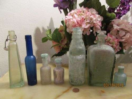 LOST CHARMS !! Antique Lot of Seven Collectable / Ornamental Glass Bottles - Apothecary etc